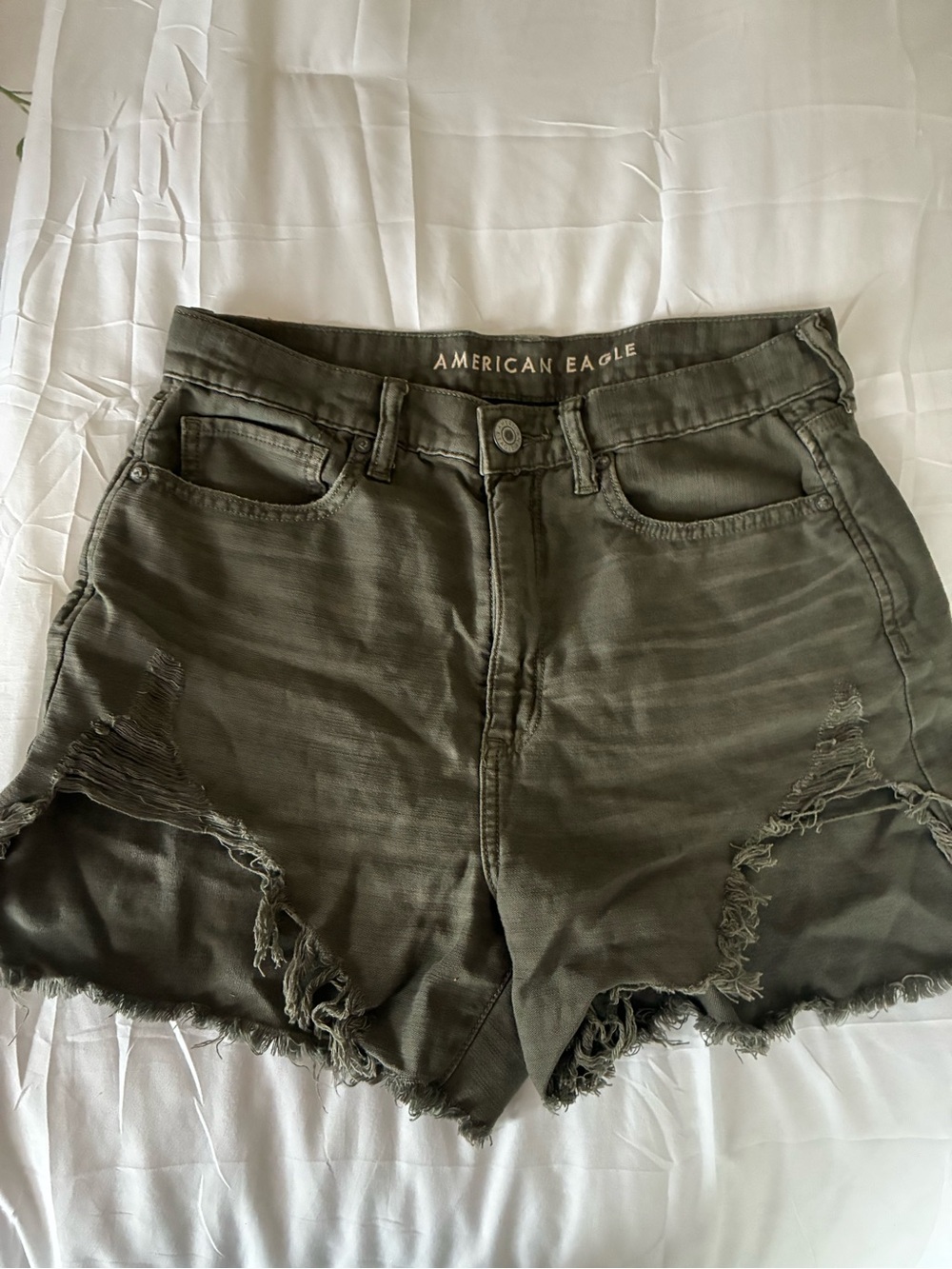 American Eagle Outfitters Olive Green Distressed Denim Cutoff Shorts